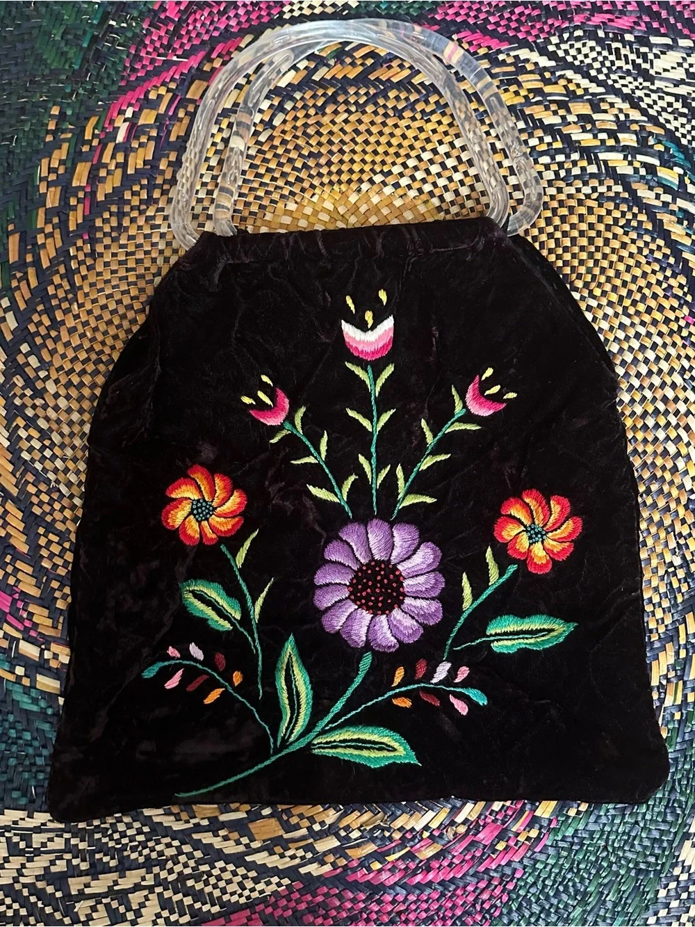 Vintage Black Velvet Floral Embroidered Tote Bag with Clear Handles